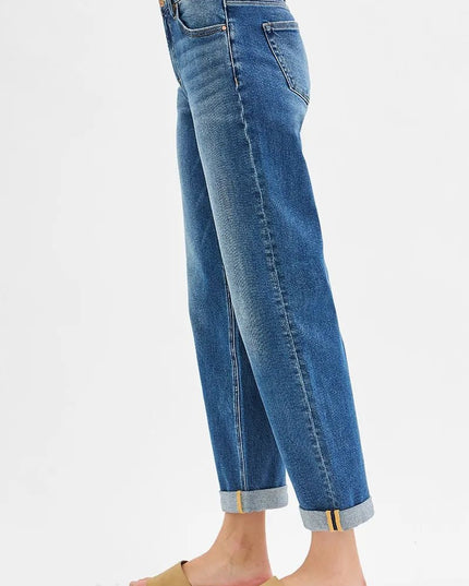 RISEN Full Size Mid Rise Boyfriend Roll Up Jeans Plus Size - THE AMERICAN BLUE
