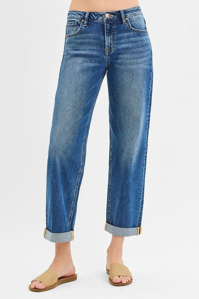 RISEN Full Size Mid Rise Boyfriend Roll Up Jeans Plus Size - THE AMERICAN BLUE