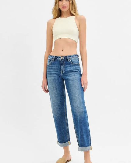 RISEN Full Size Mid Rise Boyfriend Roll Up Jeans Plus Size - THE AMERICAN BLUE