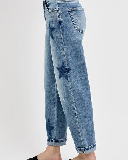 RISEN Full Size Mid Rise Boyfriend Star Shadow Detail Cuffed Jeans Plus Size - THE AMERICAN BLUE