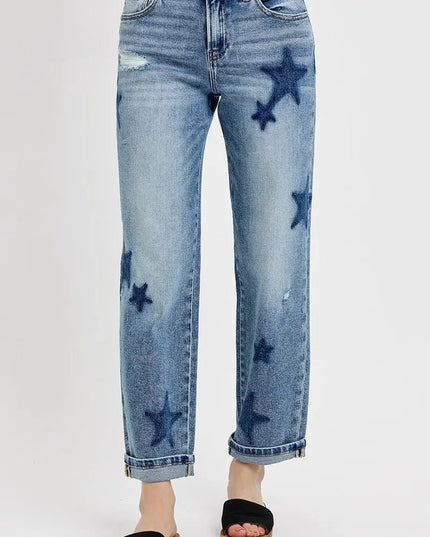 RISEN Full Size Mid Rise Boyfriend Star Shadow Detail Cuffed Jeans Plus Size - THE AMERICAN BLUE