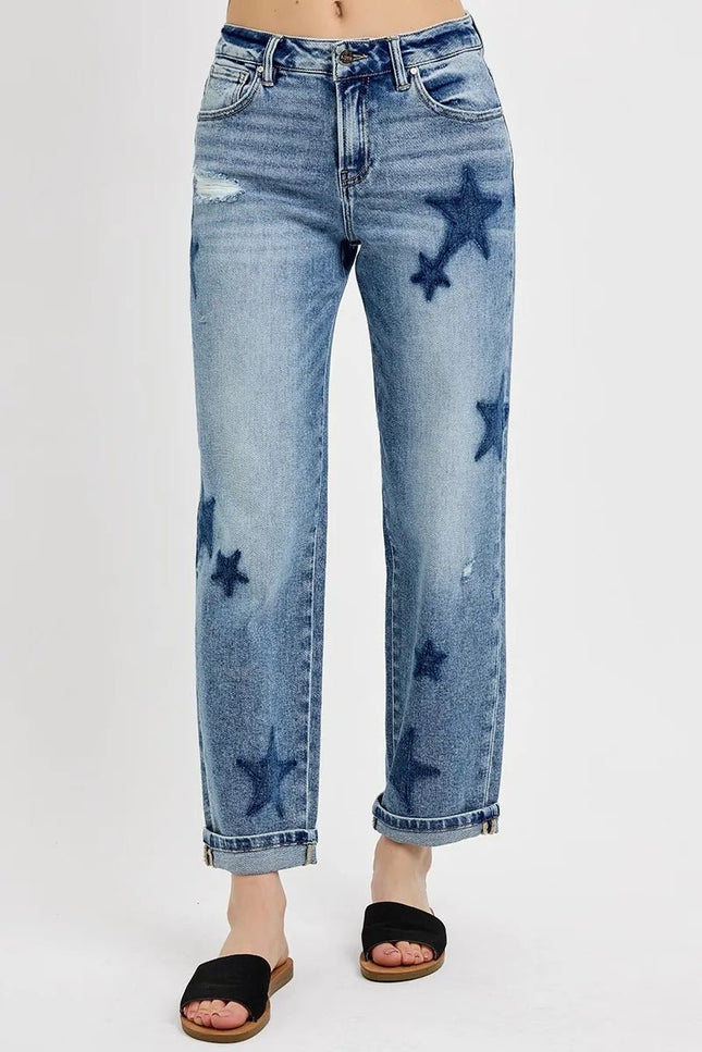 RISEN Full Size Mid Rise Boyfriend Star Shadow Detail Cuffed Jeans Plus Size - THE AMERICAN BLUE