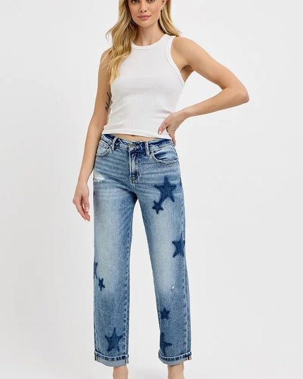 RISEN Full Size Mid Rise Boyfriend Star Shadow Detail Cuffed Jeans Plus Size - THE AMERICAN BLUE