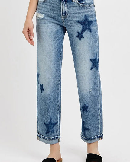 RISEN Full Size Mid Rise Boyfriend Star Shadow Detail Cuffed Jeans Plus Size - THE AMERICAN BLUE