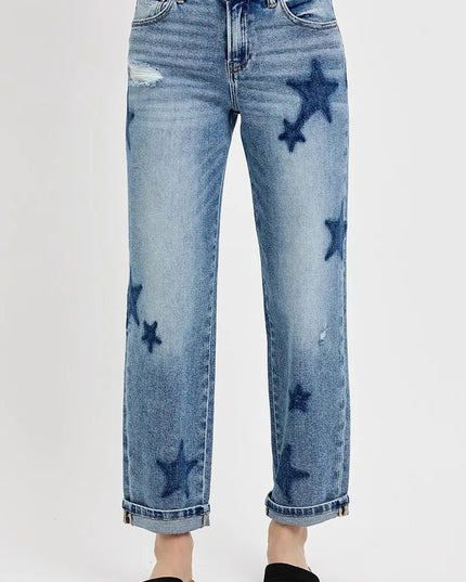 RISEN Full Size Mid Rise Boyfriend Star Shadow Detail Cuffed Jeans Plus Size - THE AMERICAN BLUE