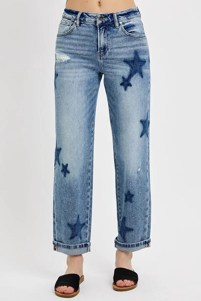 RISEN Full Size Mid Rise Boyfriend Star Shadow Detail Cuffed Jeans Plus Size - THE AMERICAN BLUE