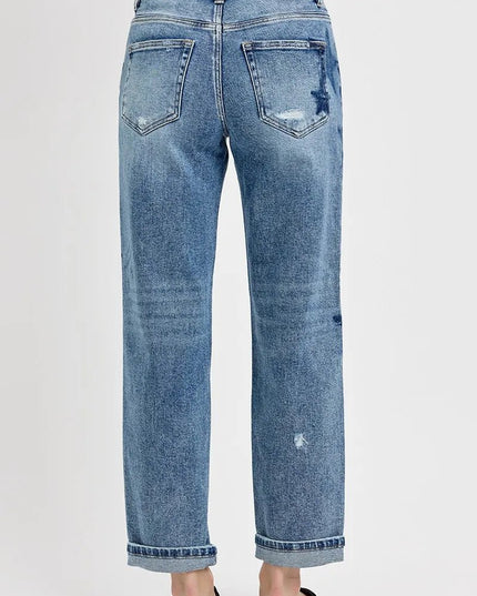RISEN Full Size Mid Rise Boyfriend Star Shadow Detail Cuffed Jeans Plus Size - THE AMERICAN BLUE