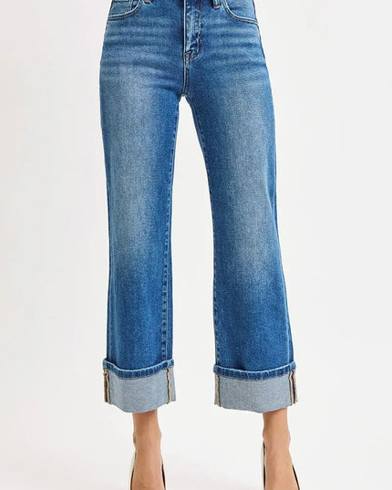 RISEN Full Size Mid Rise Crop Straight Cuffed Jeans Plus Size - THE AMERICAN BLUE