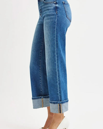 RISEN Full Size Mid Rise Crop Straight Cuffed Jeans Plus Size - THE AMERICAN BLUE