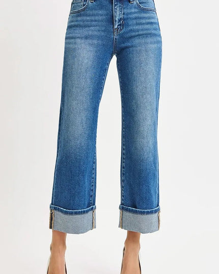 RISEN Full Size Mid Rise Crop Straight Cuffed Jeans Plus Size - THE AMERICAN BLUE