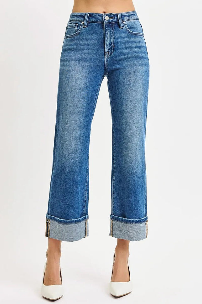 RISEN Full Size Mid Rise Crop Straight Cuffed Jeans Plus Size - THE AMERICAN BLUE