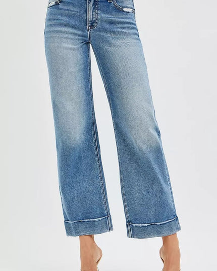 RISEN Full Size Mid Rise Crop Straight Jeans with Taylor Cuffed Plus Size - THE AMERICAN BLUE