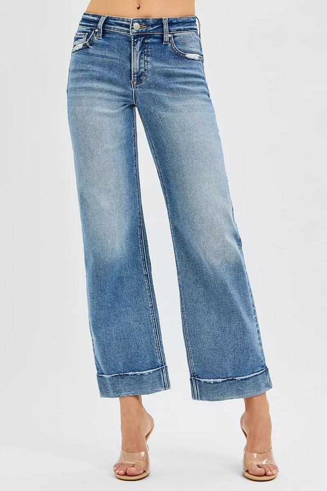 RISEN Full Size Mid Rise Crop Straight Jeans with Taylor Cuffed Plus Size - THE AMERICAN BLUE