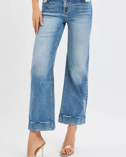RISEN Full Size Mid Rise Crop Straight Jeans with Taylor Cuffed Plus Size - THE AMERICAN BLUE