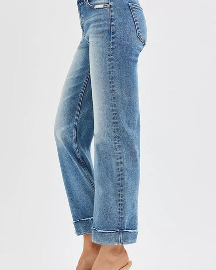 RISEN Full Size Mid Rise Crop Straight Jeans with Taylor Cuffed Plus Size - THE AMERICAN BLUE