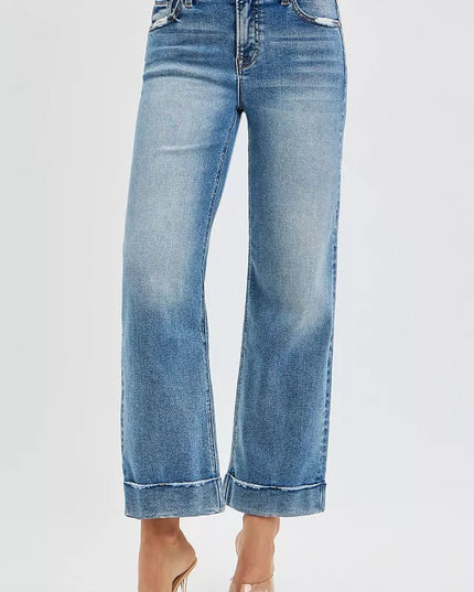RISEN Full Size Mid Rise Crop Straight Jeans with Taylor Cuffed Plus Size - THE AMERICAN BLUE