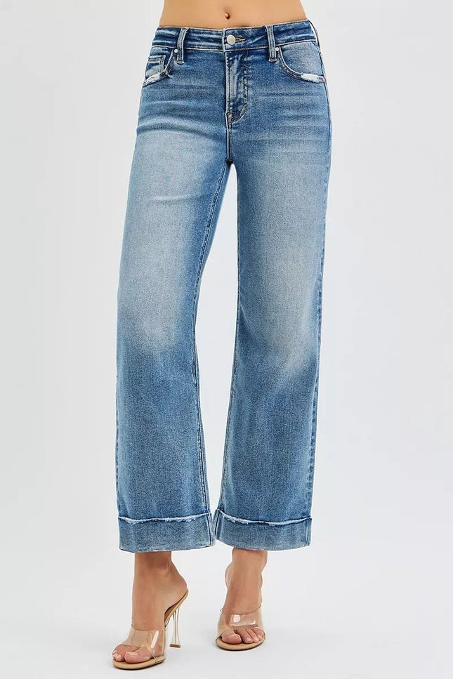RISEN Full Size Mid Rise Crop Straight Jeans with Taylor Cuffed Plus Size - THE AMERICAN BLUE