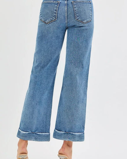RISEN Full Size Mid Rise Crop Straight Jeans with Taylor Cuffed Plus Size - THE AMERICAN BLUE