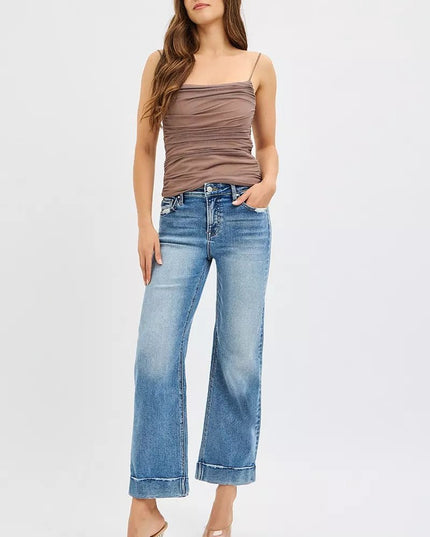 RISEN Full Size Mid Rise Crop Straight Jeans with Taylor Cuffed Plus Size - THE AMERICAN BLUE