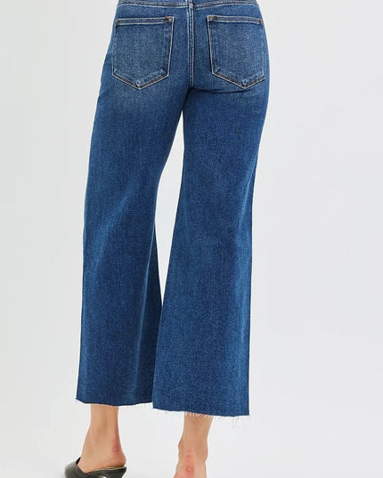 RISEN Full Size Mid Rise Crop Wide Raw Cut Hem Jeans Plus Size - THE AMERICAN BLUE