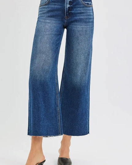 RISEN Full Size Mid Rise Crop Wide Raw Cut Hem Jeans Plus Size - THE AMERICAN BLUE