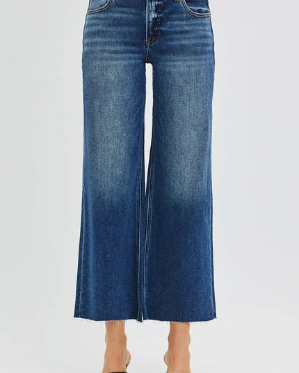 RISEN Full Size Mid Rise Crop Wide Raw Cut Hem Jeans Plus Size - THE AMERICAN BLUE