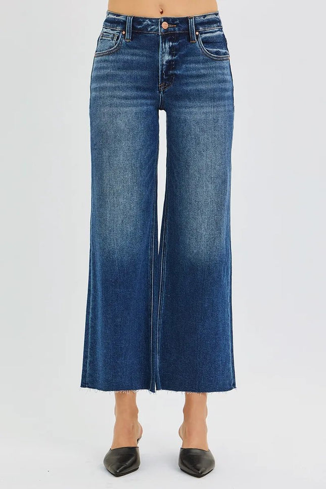 RISEN Full Size Mid Rise Crop Wide Raw Cut Hem Jeans Plus Size - THE AMERICAN BLUE