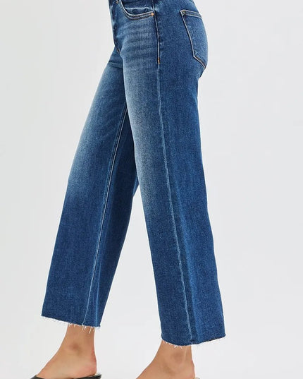 RISEN Full Size Mid Rise Crop Wide Raw Cut Hem Jeans Plus Size - THE AMERICAN BLUE