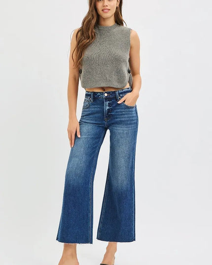 RISEN Full Size Mid Rise Crop Wide Raw Cut Hem Jeans Plus Size - THE AMERICAN BLUE