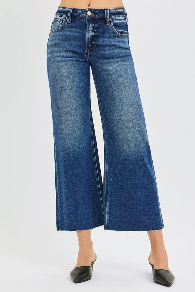 RISEN Full Size Mid Rise Crop Wide Raw Cut Hem Jeans Plus Size - THE AMERICAN BLUE