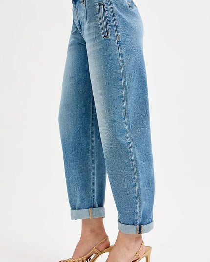 RISEN Full Size Mid Rise Fit Barrel Roll Up Jeans Plus Size - THE AMERICAN BLUE