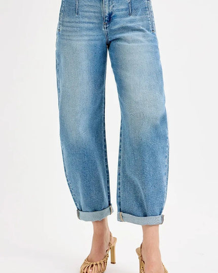 RISEN Full Size Mid Rise Fit Barrel Roll Up Jeans Plus Size - THE AMERICAN BLUE