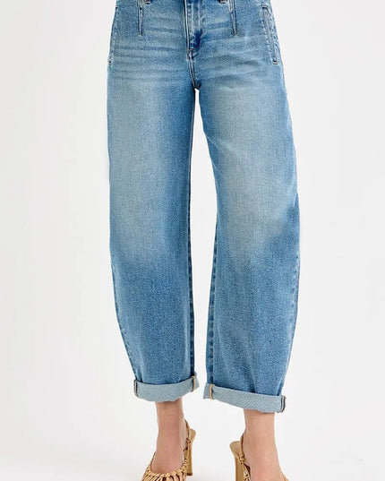 RISEN Full Size Mid Rise Fit Barrel Roll Up Jeans Plus Size - THE AMERICAN BLUE