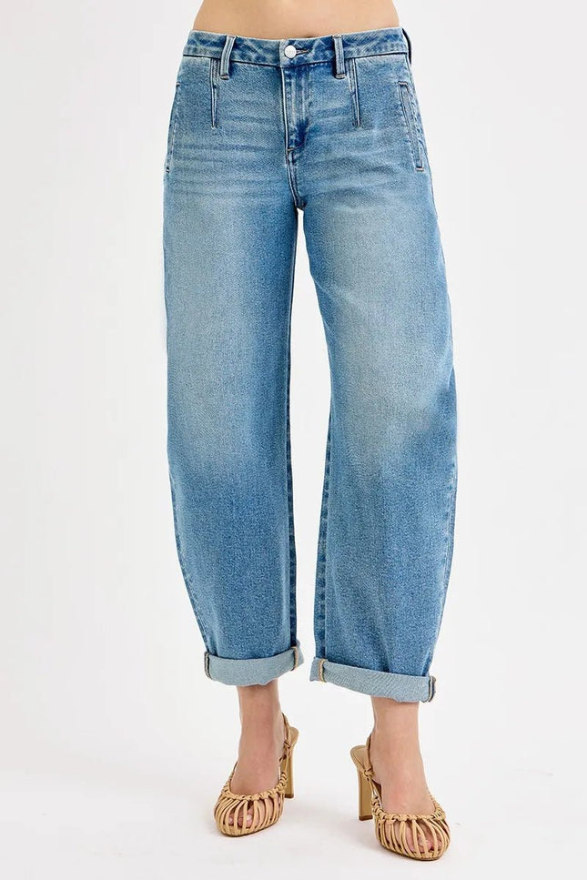RISEN Full Size Mid Rise Fit Barrel Roll Up Jeans Plus Size - THE AMERICAN BLUE
