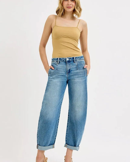 RISEN Full Size Mid Rise Fit Barrel Roll Up Jeans Plus Size - THE AMERICAN BLUE