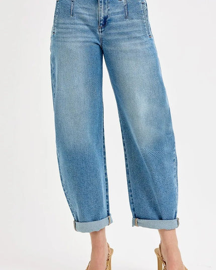 RISEN Full Size Mid Rise Fit Barrel Roll Up Jeans Plus Size - THE AMERICAN BLUE