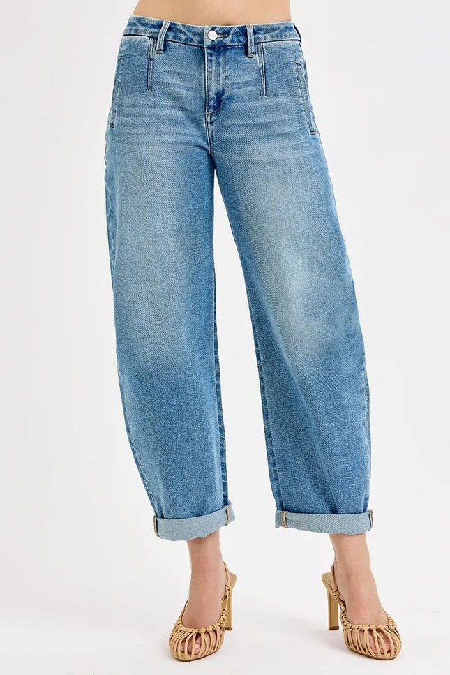 RISEN Full Size Mid Rise Fit Barrel Roll Up Jeans Plus Size - THE AMERICAN BLUE
