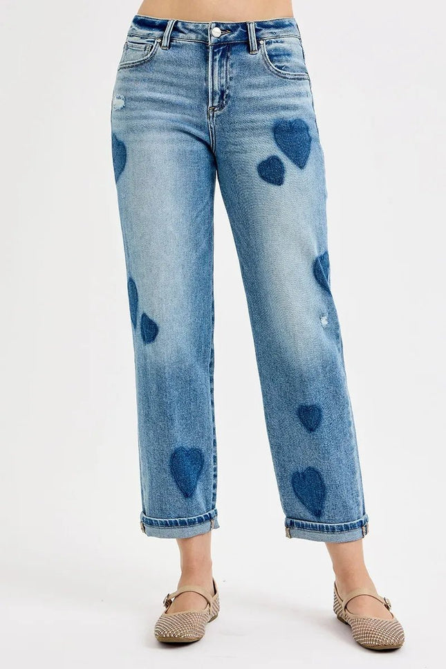 RISEN Full Size Mid Rise Fit - boyfriend Heart Shade Jeans Plus Size - THE AMERICAN BLUE