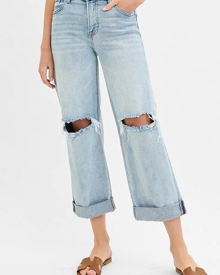 RISEN Full Size Mid Rise Fit Boyfriend Jeans with Cuff Plus Size - THE AMERICAN BLUE