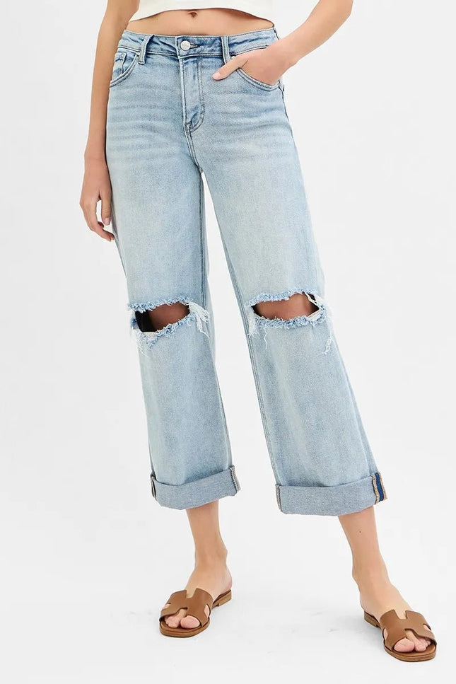 RISEN Full Size Mid Rise Fit Boyfriend Jeans with Cuff Plus Size - THE AMERICAN BLUE