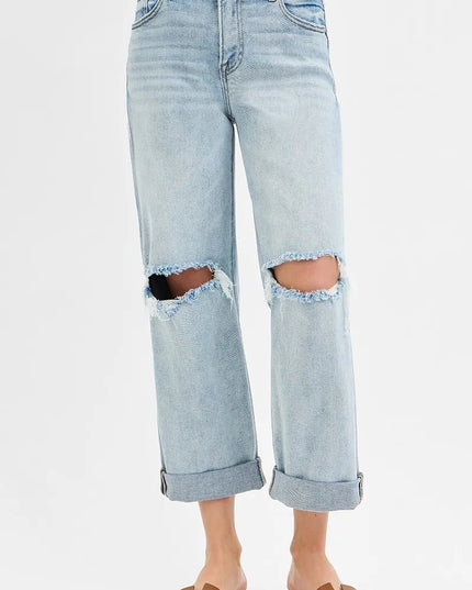 RISEN Full Size Mid Rise Fit Boyfriend Jeans with Cuff Plus Size - THE AMERICAN BLUE