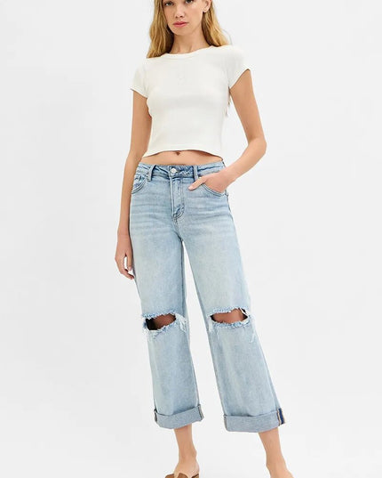 RISEN Full Size Mid Rise Fit Boyfriend Jeans with Cuff Plus Size - THE AMERICAN BLUE