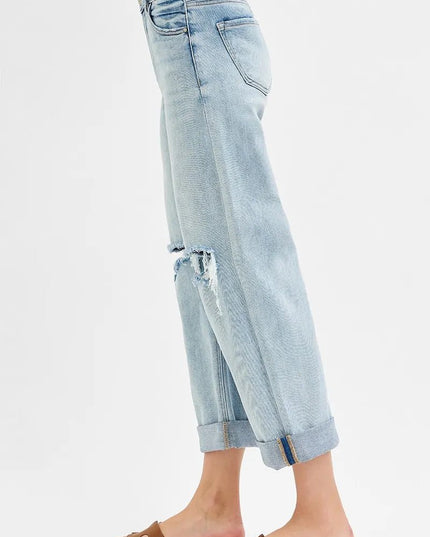 RISEN Full Size Mid Rise Fit Boyfriend Jeans with Cuff Plus Size - THE AMERICAN BLUE