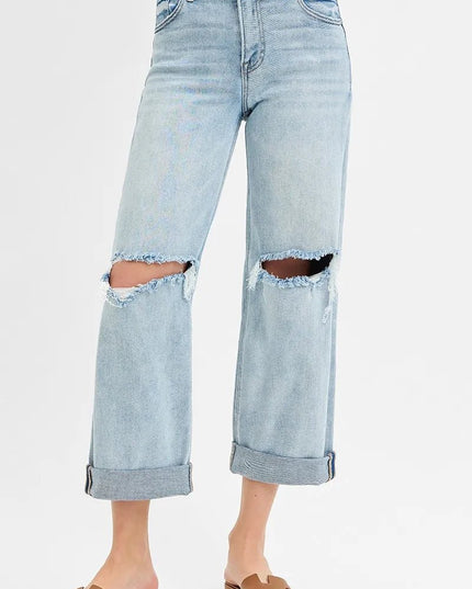 RISEN Full Size Mid Rise Fit Boyfriend Jeans with Cuff Plus Size - THE AMERICAN BLUE