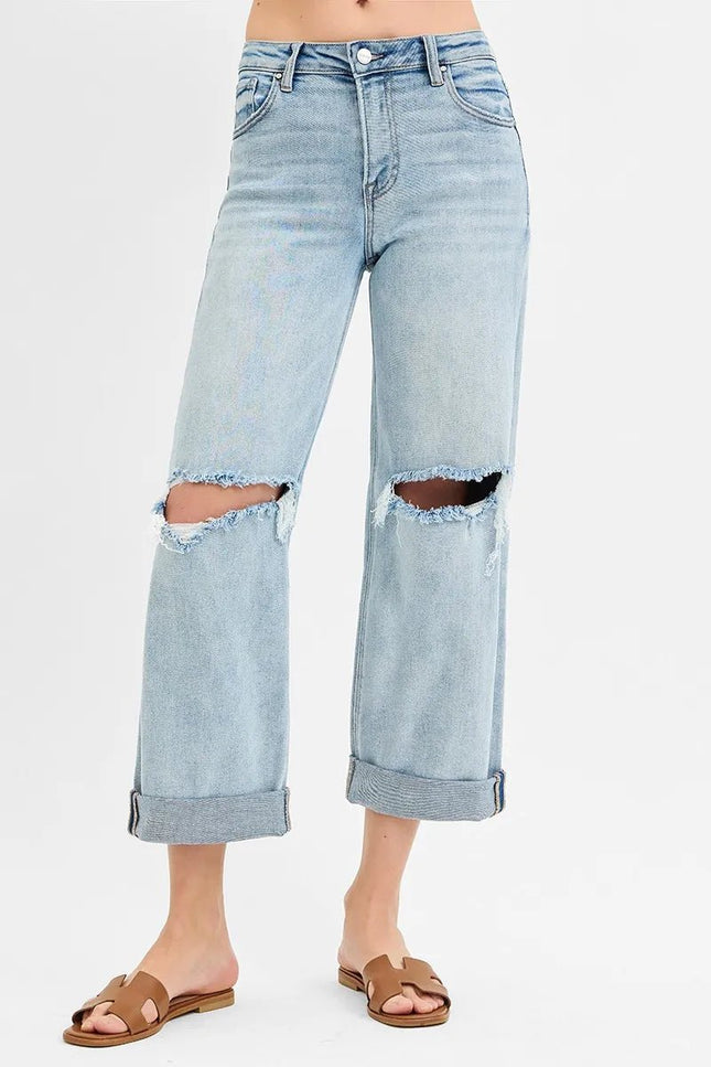 RISEN Full Size Mid Rise Fit Boyfriend Jeans with Cuff Plus Size - THE AMERICAN BLUE