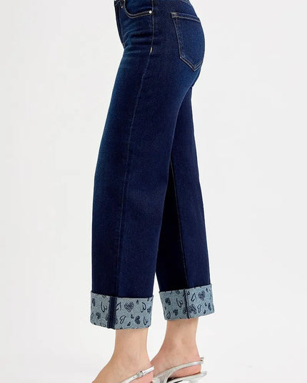 RISEN Full Size Mid Rise Fit Crop Wide With Printed Cuff Jeans Plus Size - THE AMERICAN BLUE
