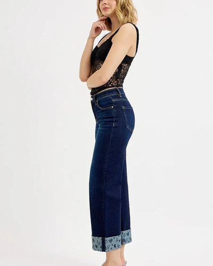 RISEN Full Size Mid Rise Fit Crop Wide With Printed Cuff Jeans Plus Size - THE AMERICAN BLUE