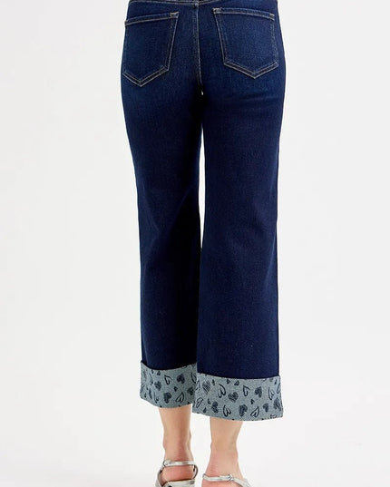 RISEN Full Size Mid Rise Fit Crop Wide With Printed Cuff Jeans Plus Size - THE AMERICAN BLUE