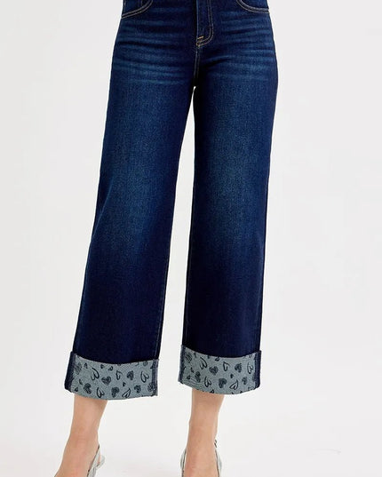 RISEN Full Size Mid Rise Fit Crop Wide With Printed Cuff Jeans Plus Size - THE AMERICAN BLUE