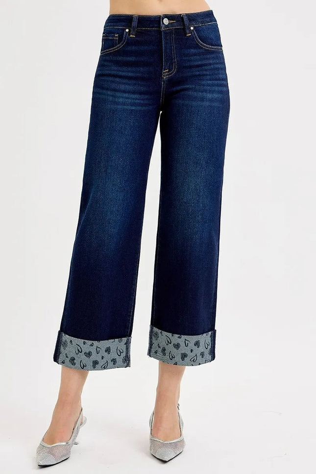 RISEN Full Size Mid Rise Fit Crop Wide With Printed Cuff Jeans Plus Size - THE AMERICAN BLUE